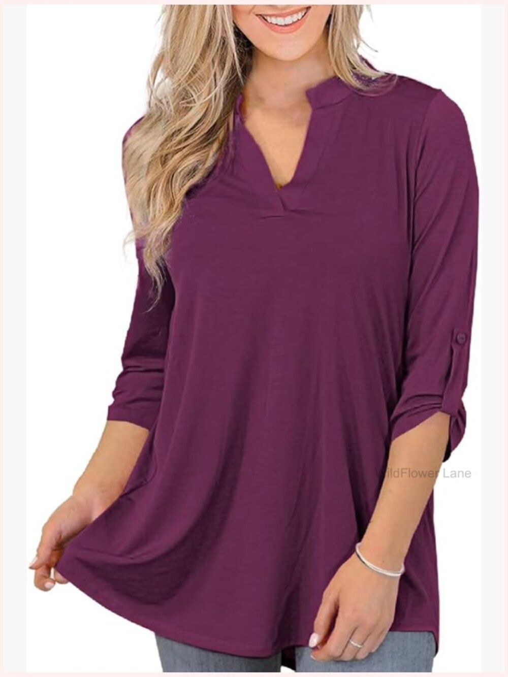 3/4 Roll Sleeve V Neck Tunic Top Soft Stretch Blouse